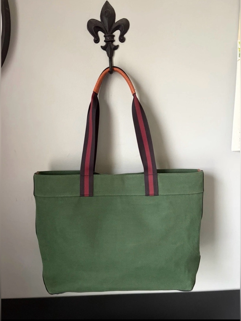 COACH Tote Bag 38 in Colorblock Forest Green Canvas/ Brown Leather/ Navy Stripes - Picture 9 of 16